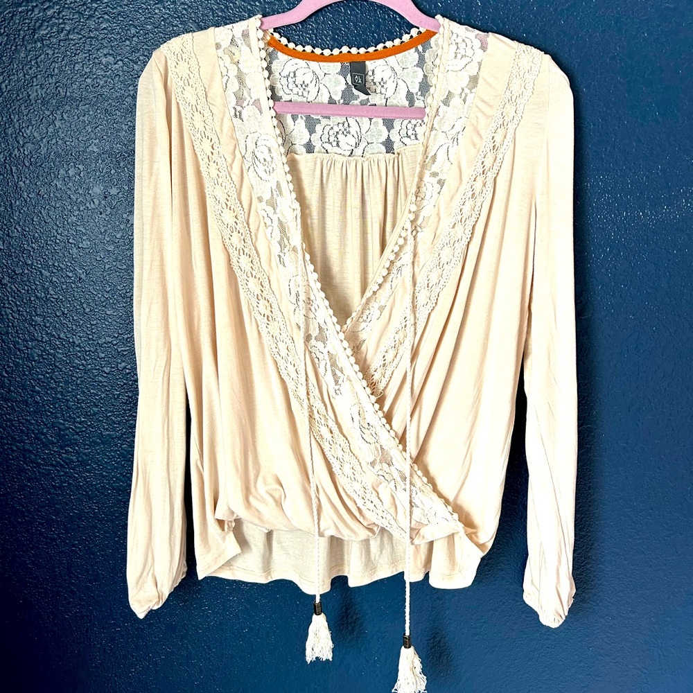 Boho faux wrap style top with lace details